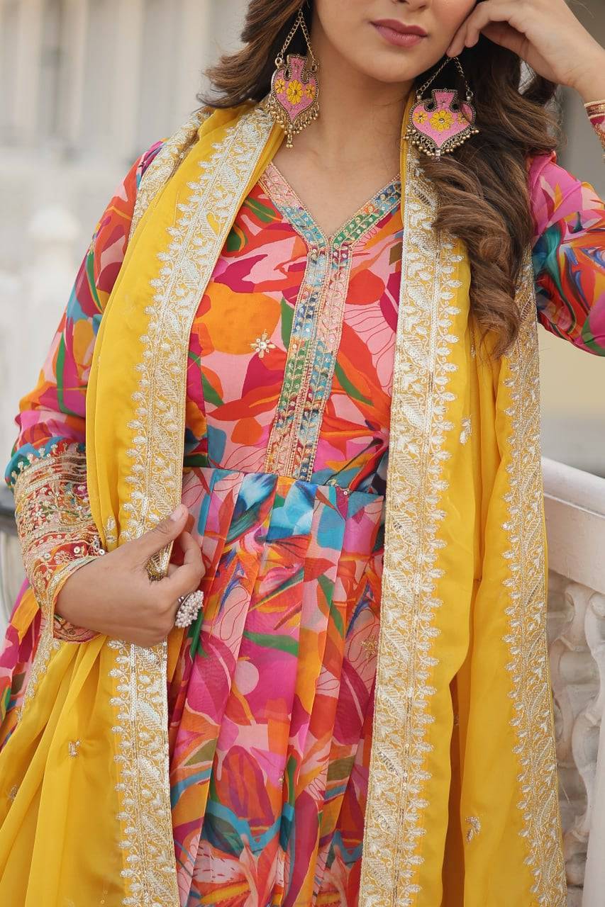 Ethereal Russian Silk Floral Printed Sequins Worked Gown - Ethnicwish