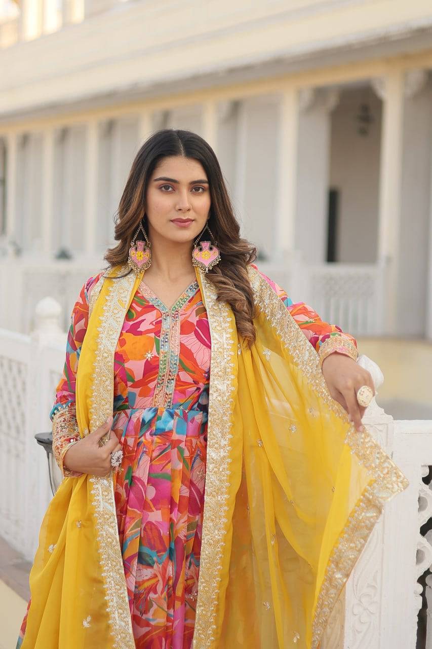 Ethereal Russian Silk Floral Printed Sequins Worked Gown - Ethnicwish