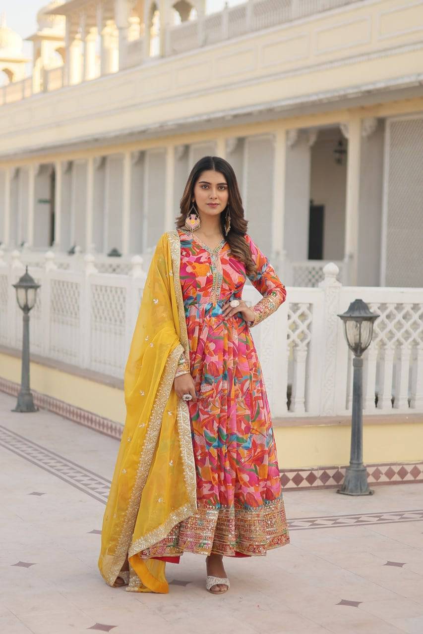 Ethereal Russian Silk Floral Printed Sequins Worked Gown - Ethnicwish