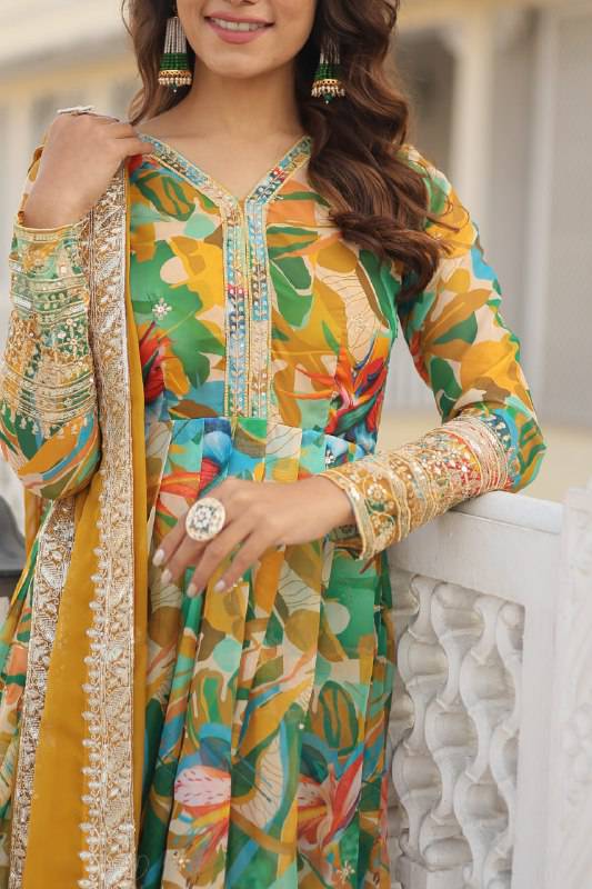 Ethereal Russian Silk Floral Printed Sequins Worked Gown - Ethnicwish