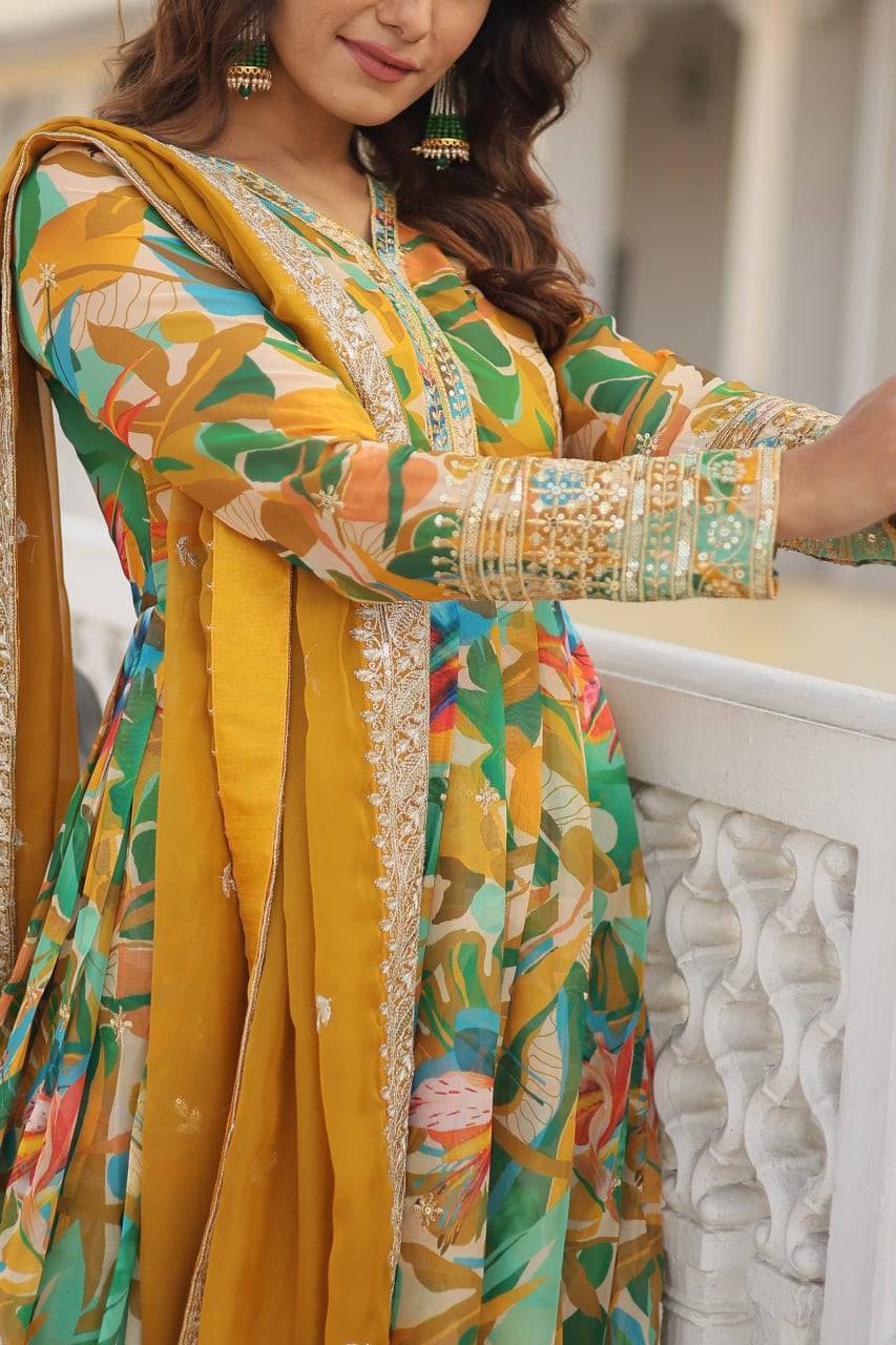 Ethereal Russian Silk Floral Printed Sequins Worked Gown - Ethnicwish