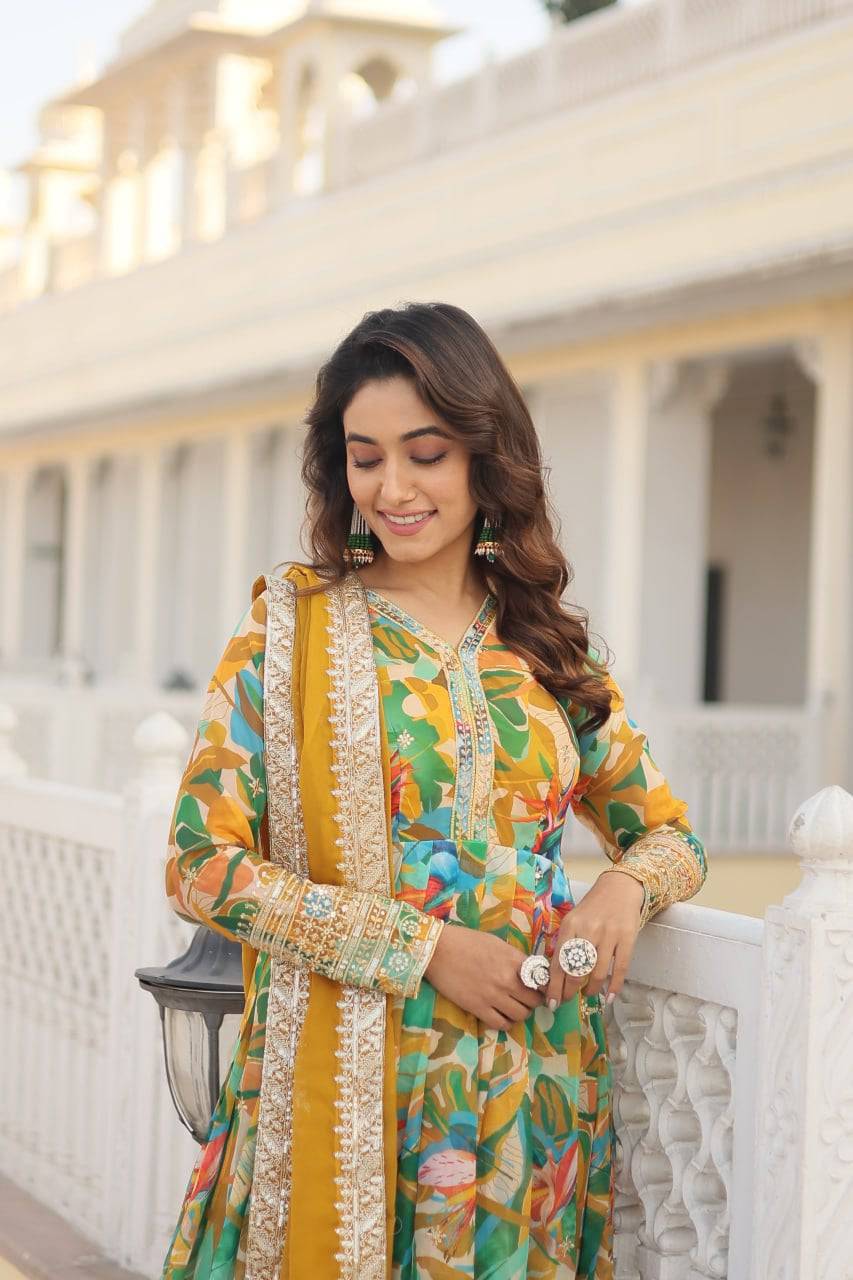 Ethereal Russian Silk Floral Printed Sequins Worked Gown - Ethnicwish