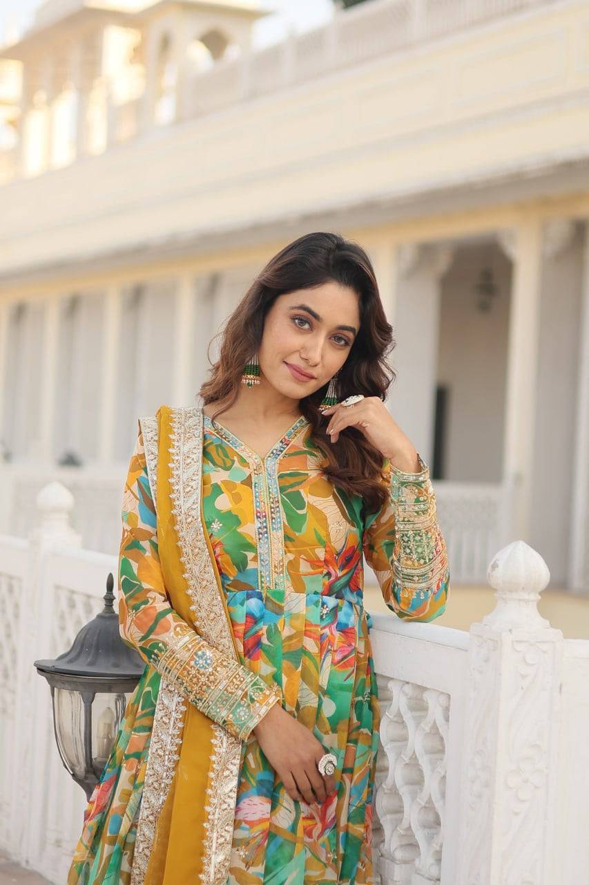 Ethereal Russian Silk Floral Printed Sequins Worked Gown - Ethnicwish