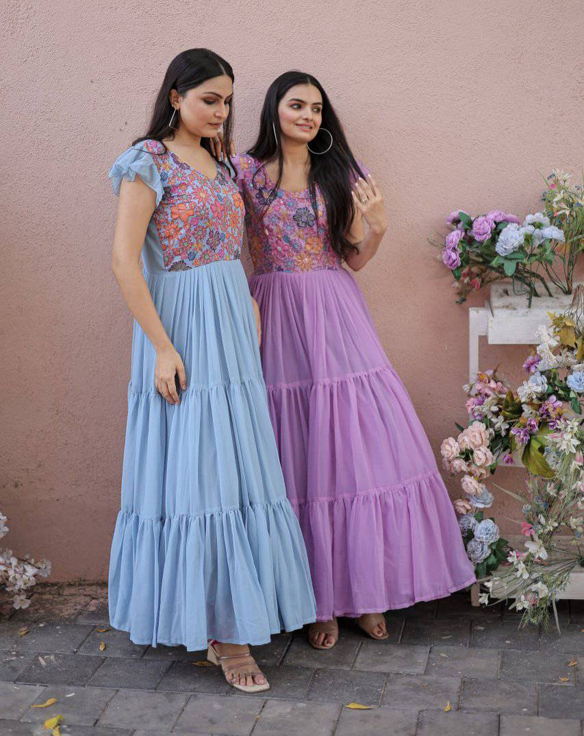 Timeless Rich Floral Position Printed Faux Georgette Gown - Ethnicwish