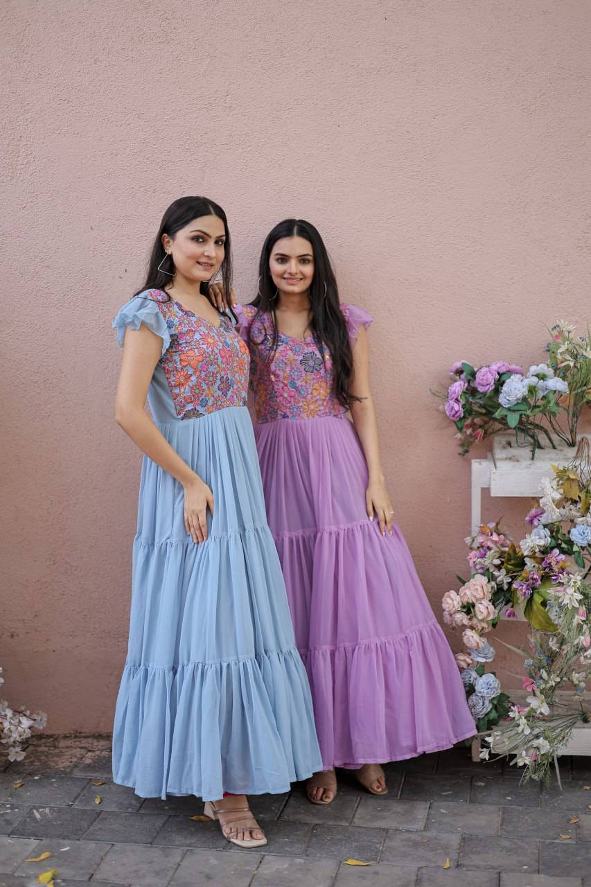 Timeless Rich Floral Position Printed Faux Georgette Gown - Ethnicwish