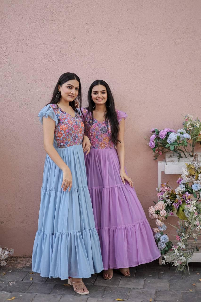 Timeless Rich Floral Position Printed Faux Georgette Gown - Ethnicwish