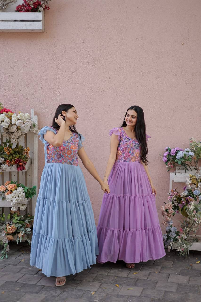 Timeless Rich Floral Position Printed Faux Georgette Gown - Ethnicwish