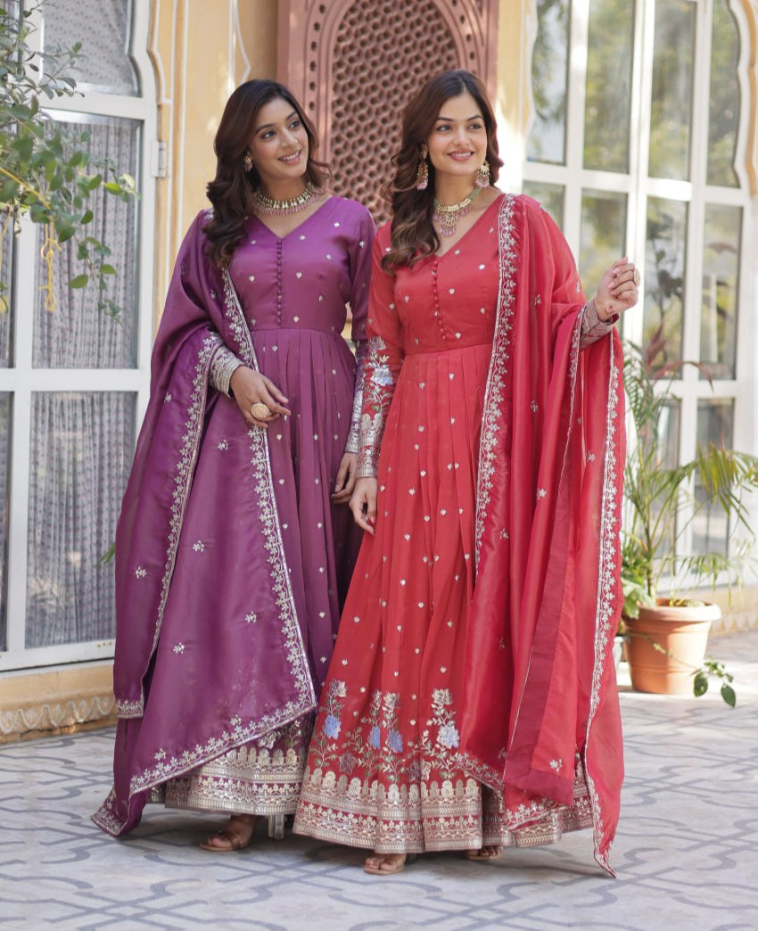 Viscose Cosmos Embroidered Gown Set With Dupatta - ETHNICDEAL