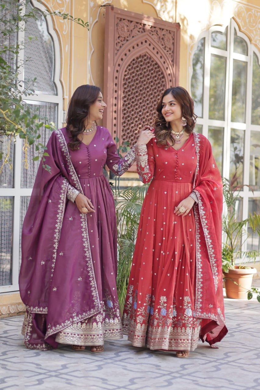 Viscose Cosmos Embroidered Gown Set With Dupatta - ETHNICDEAL