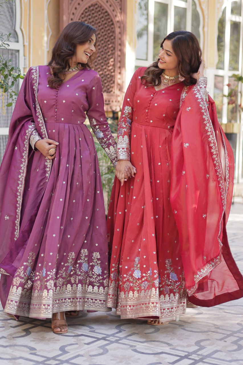 Viscose Cosmos Embroidered Gown Set With Dupatta - ETHNICDEAL