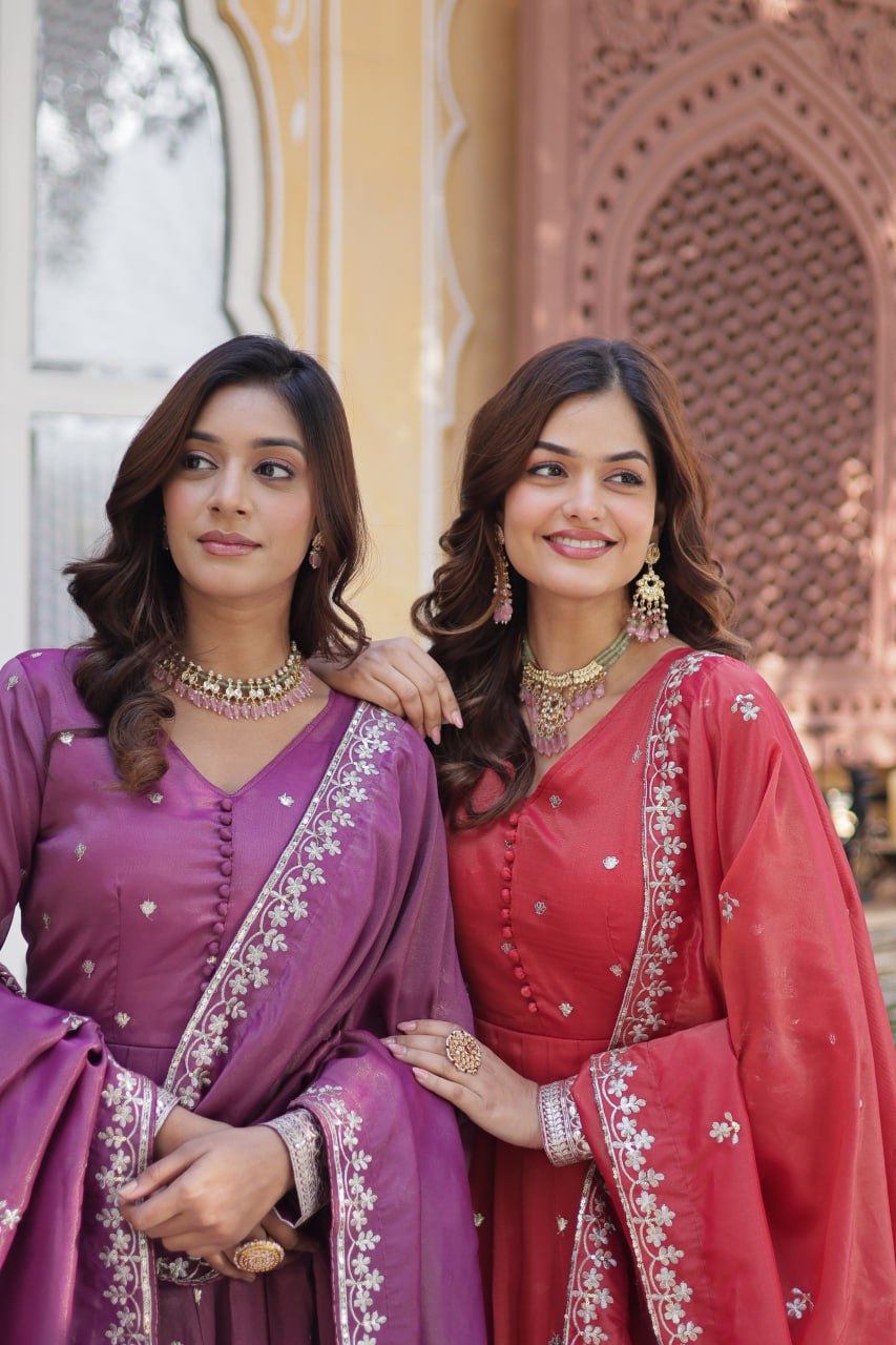 Viscose Cosmos Embroidered Gown Set With Dupatta - ETHNICDEAL