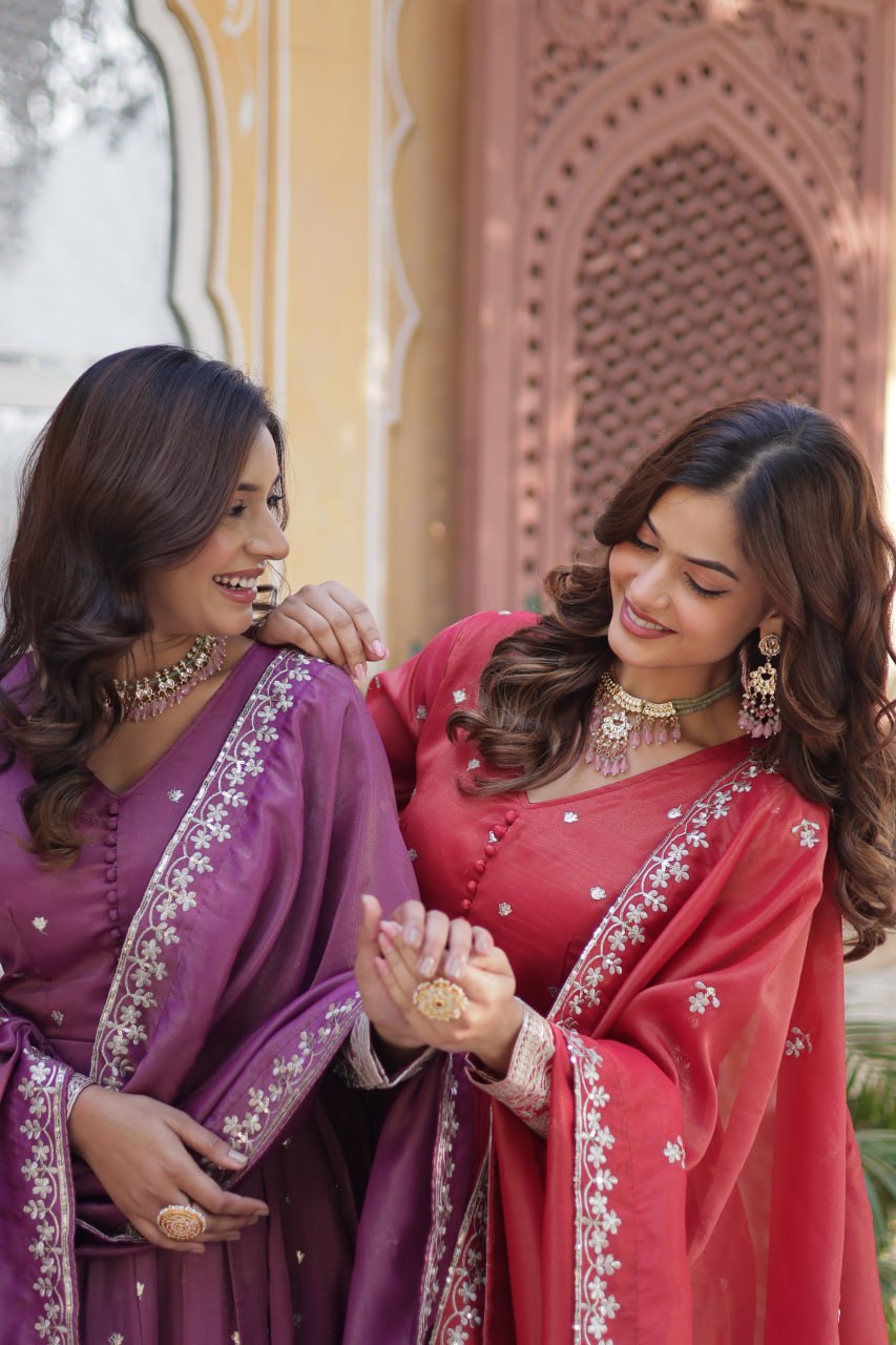 Viscose Cosmos Embroidered Gown Set With Dupatta - ETHNICDEAL