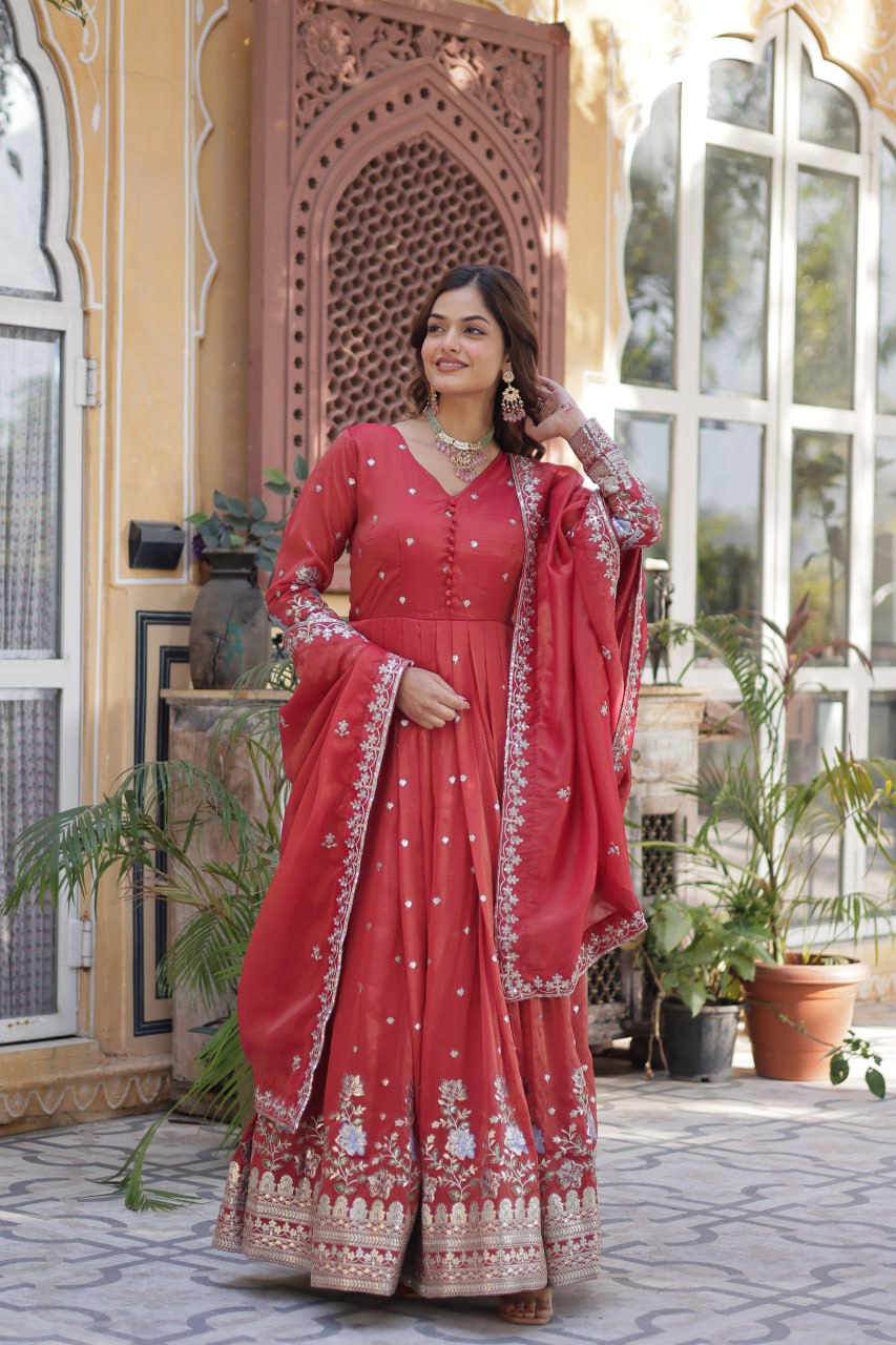 Viscose Cosmos Embroidered Gown Set With Dupatta - ETHNICDEAL