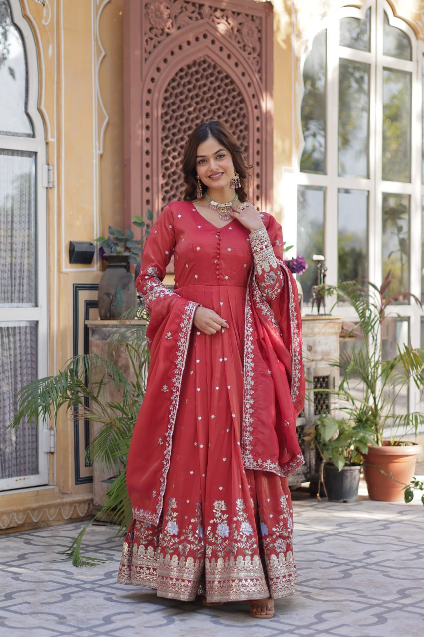 Viscose Cosmos Embroidered Gown Set With Dupatta - ETHNICDEAL