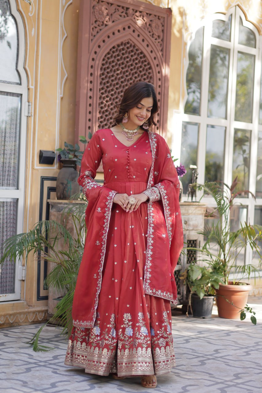Viscose Cosmos Embroidered Gown Set With Dupatta - ETHNICDEAL