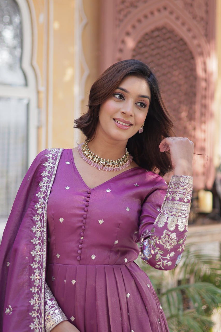 Viscose Cosmos Embroidered Gown Set With Dupatta - ETHNICDEAL