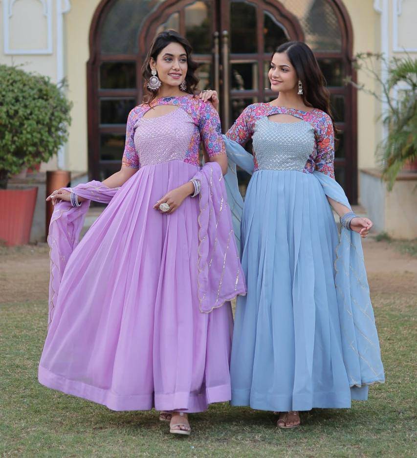 Whimsical Faux Georgette Rich Floral Printed Gown - Ethnicwish