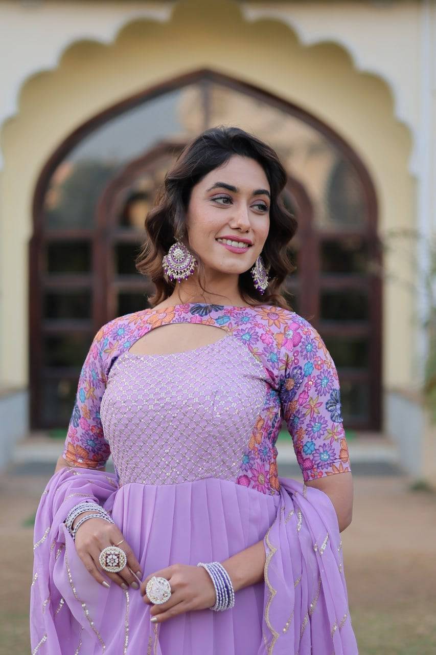 Whimsical Faux Georgette Rich Floral Printed Gown - Ethnicwish