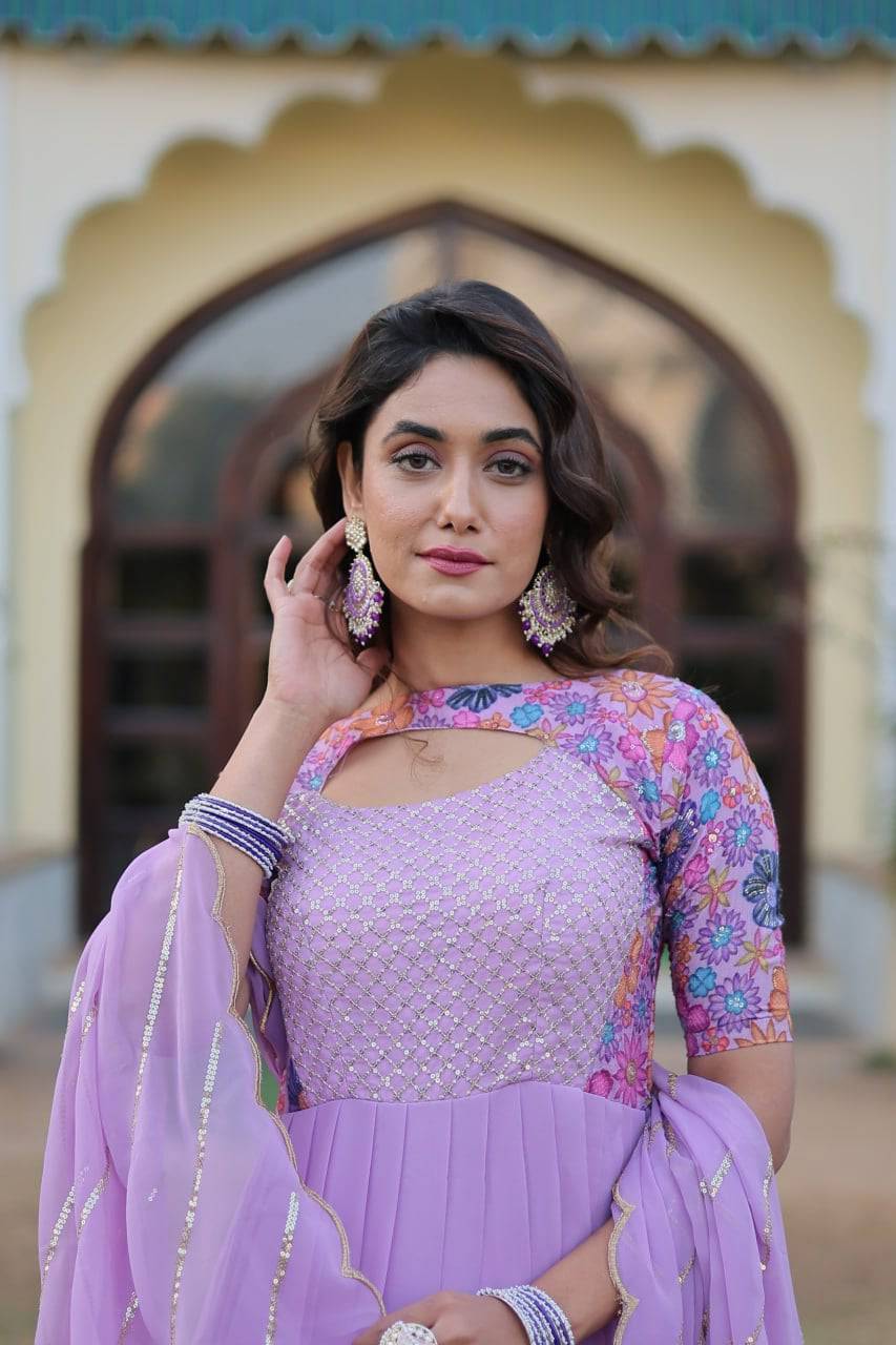 Whimsical Faux Georgette Rich Floral Printed Gown - Ethnicwish