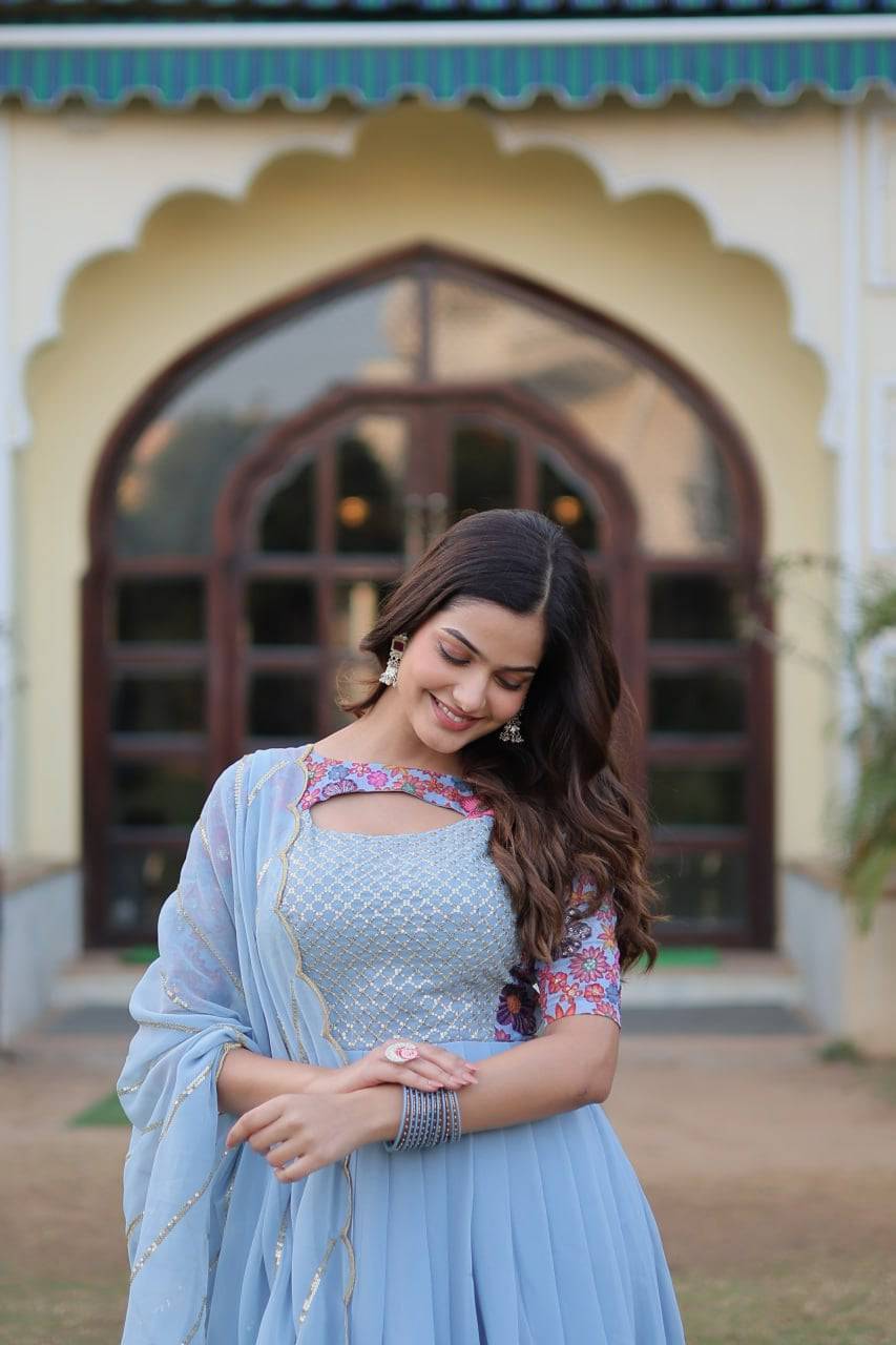 Whimsical Faux Georgette Rich Floral Printed Gown - Ethnicwish