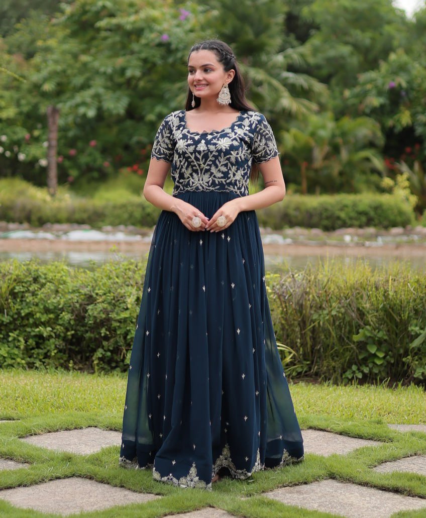 Breathtaking Rama Faux Georgette Cording Sequins Worked Gown - Ethnicwish