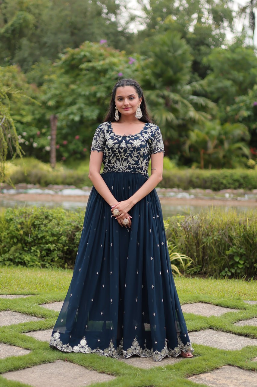 Breathtaking Rama Faux Georgette Cording Sequins Worked Gown - Ethnicwish