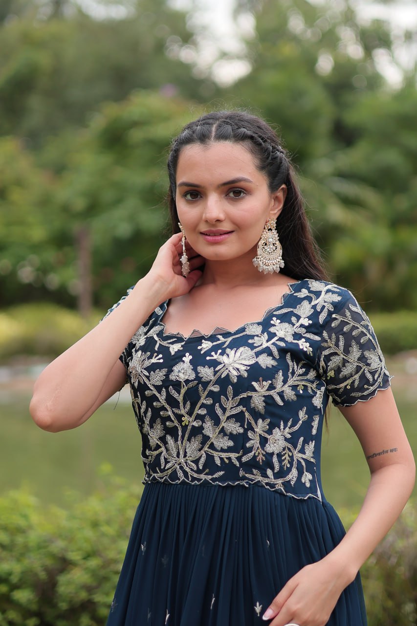 Breathtaking Rama Faux Georgette Cording Sequins Worked Gown - Ethnicwish