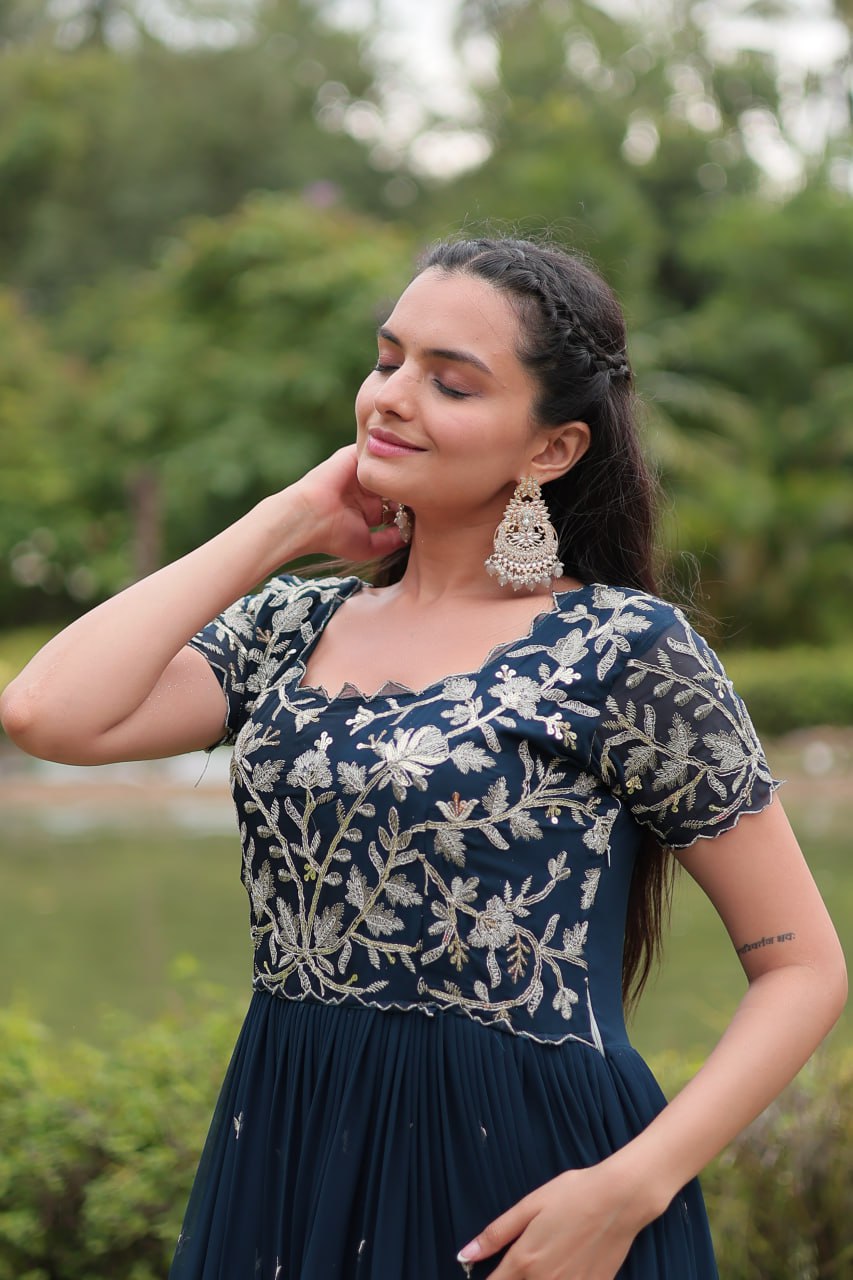 Breathtaking Rama Faux Georgette Cording Sequins Worked Gown - Ethnicwish