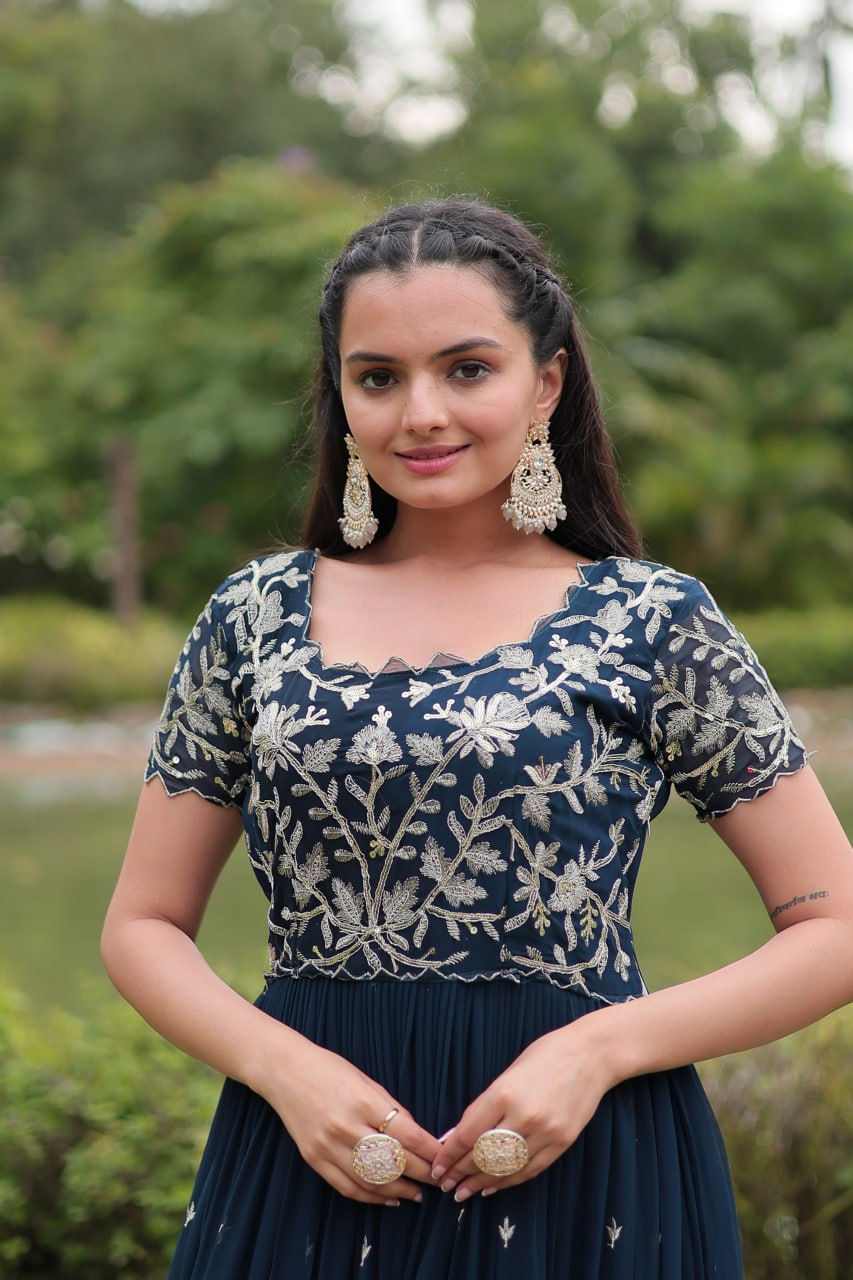 Breathtaking Rama Faux Georgette Cording Sequins Worked Gown - Ethnicwish