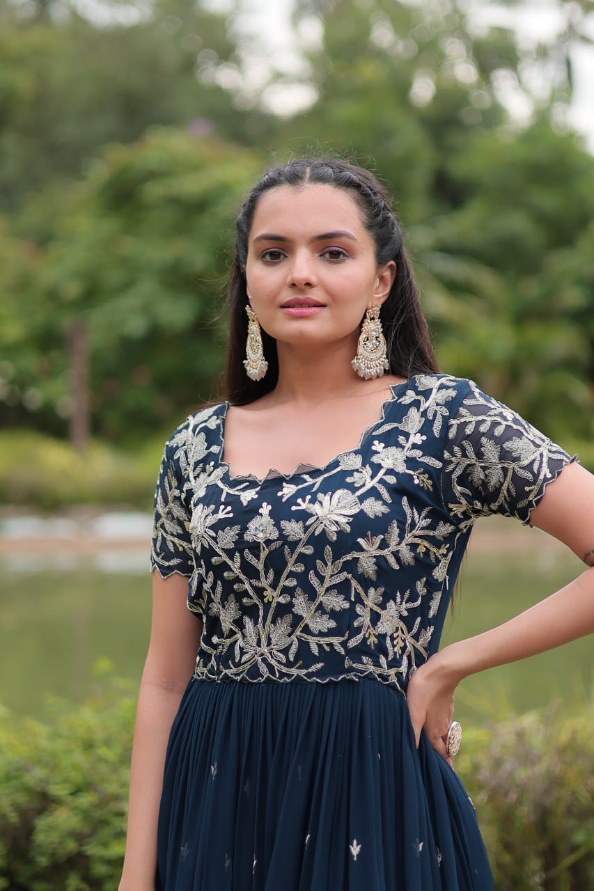 Breathtaking Rama Faux Georgette Cording Sequins Worked Gown - Ethnicwish