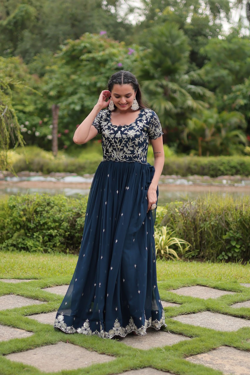 Breathtaking Rama Faux Georgette Cording Sequins Worked Gown - Ethnicwish