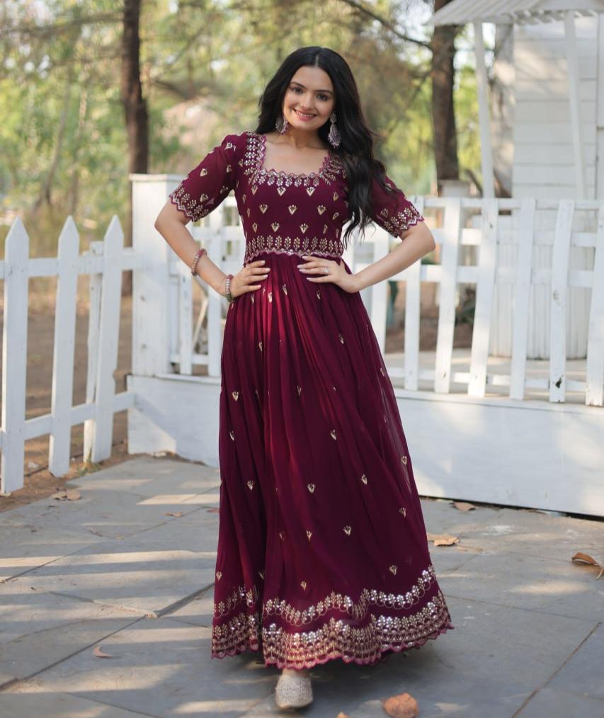 Dashing Faux Georgette Zari Sequins Worked Designer Gown - Ethnicwish