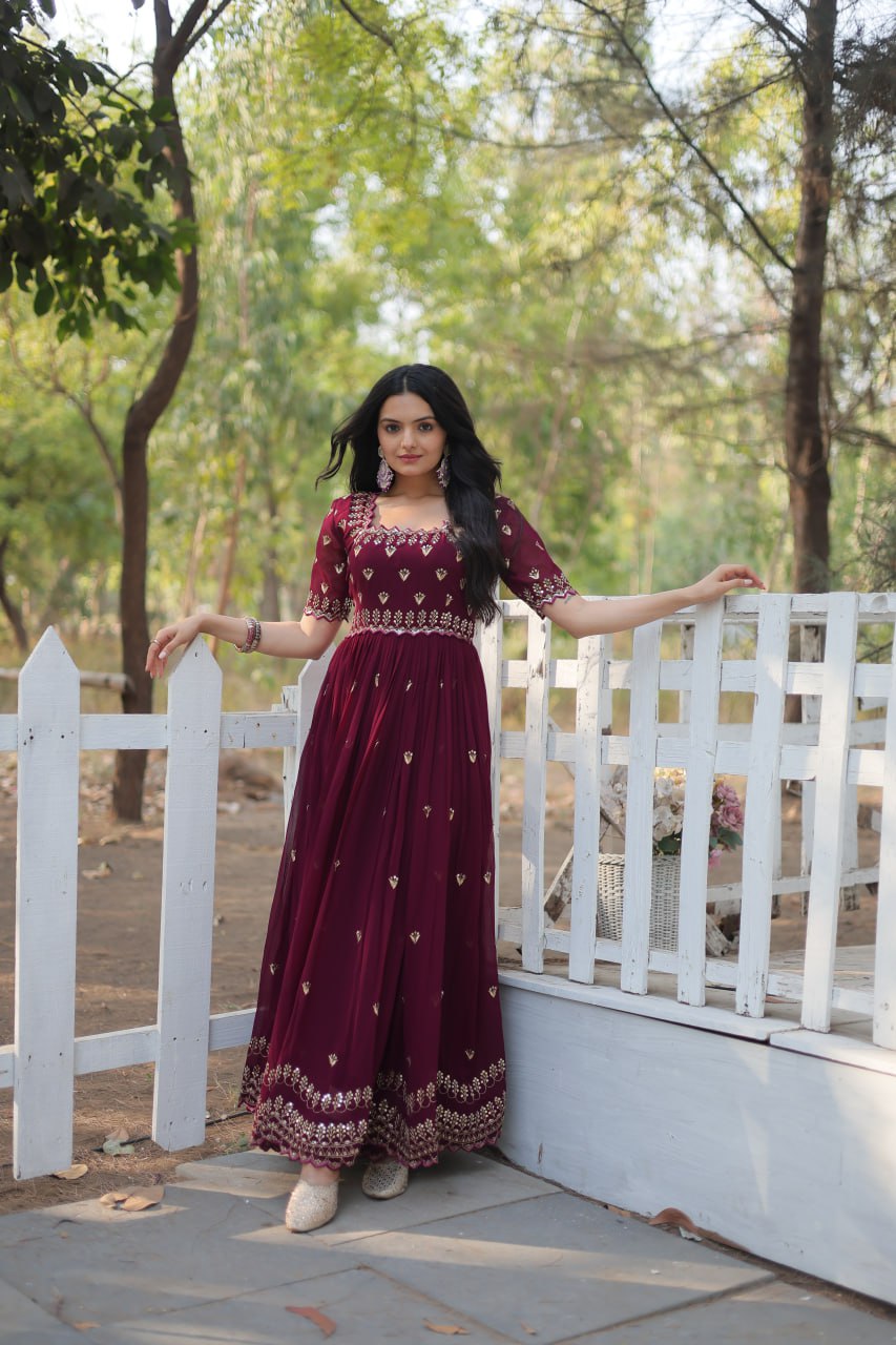 Dashing Faux Georgette Zari Sequins Worked Designer Gown - Ethnicwish