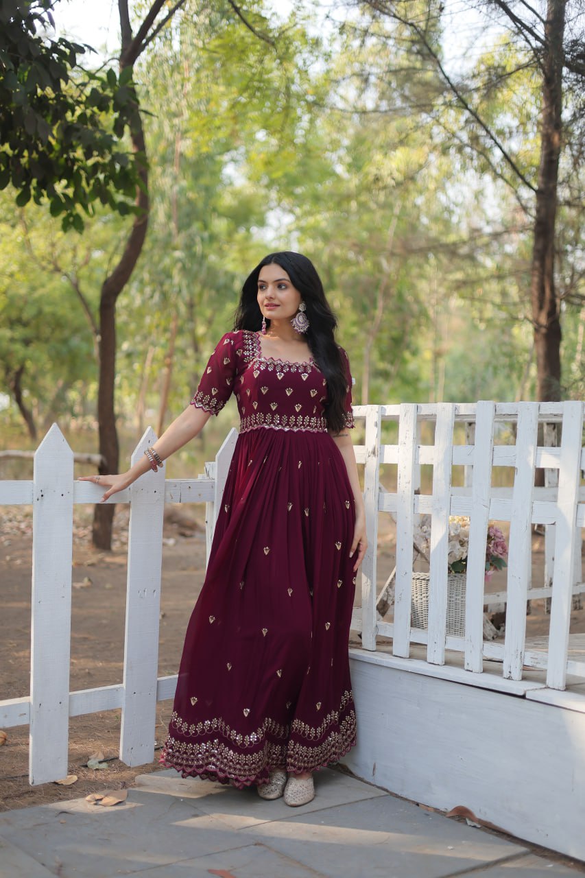 Dashing Faux Georgette Zari Sequins Worked Designer Gown - Ethnicwish
