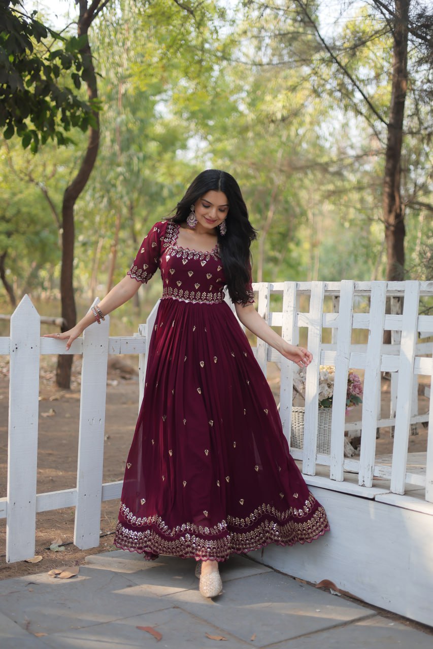 Dashing Faux Georgette Zari Sequins Worked Designer Gown - Ethnicwish