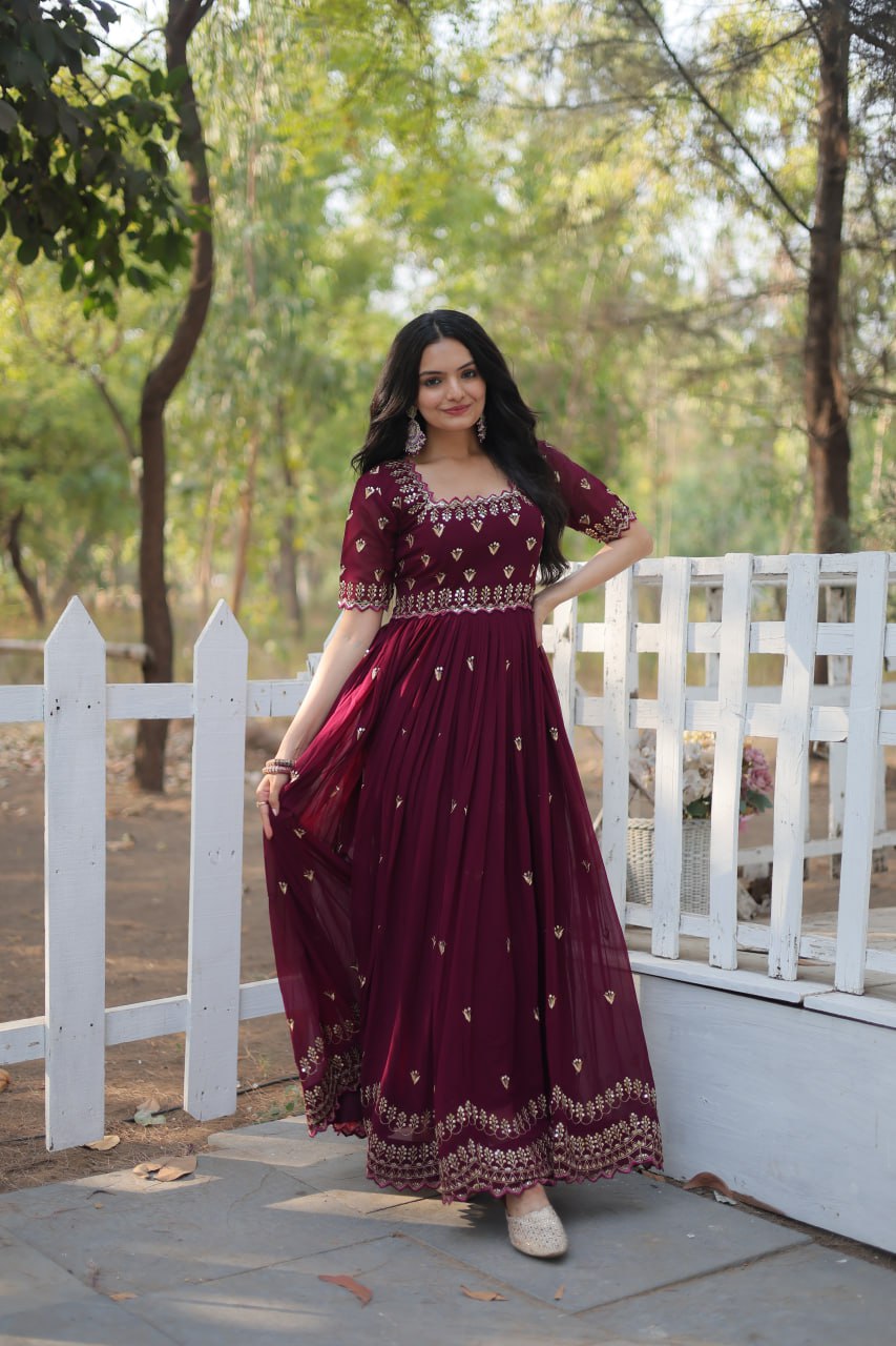Dashing Faux Georgette Zari Sequins Worked Designer Gown - Ethnicwish