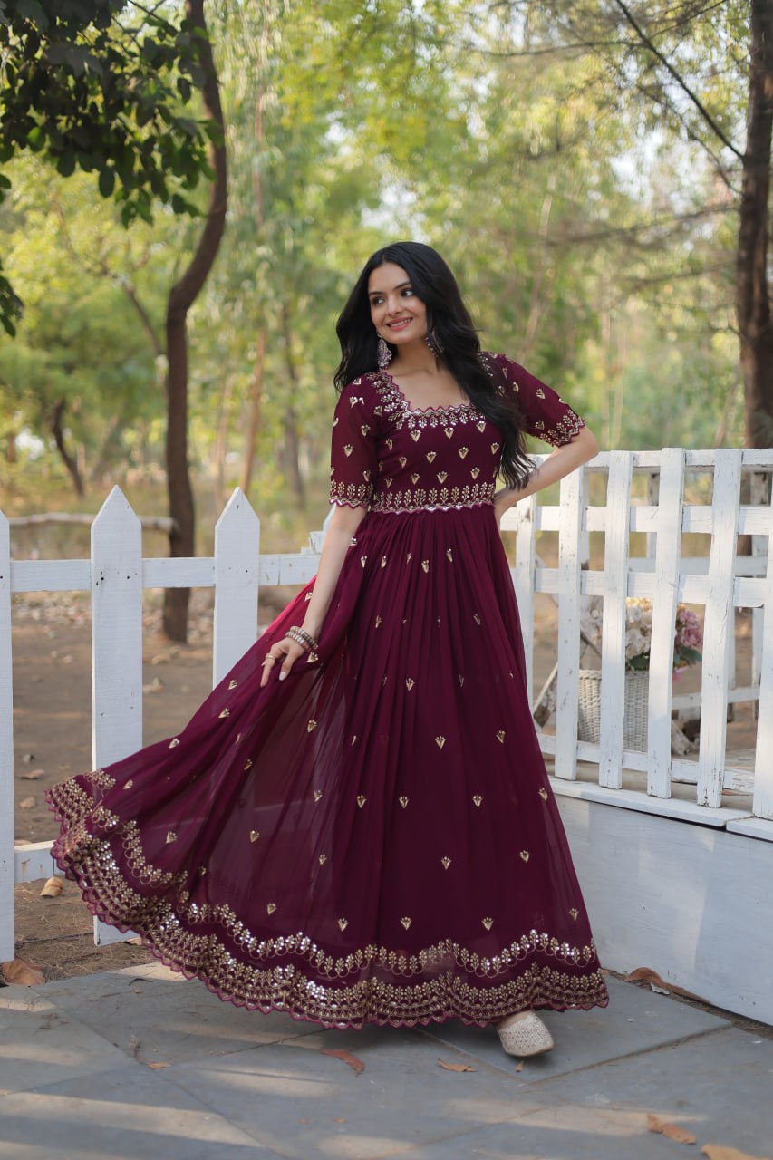 Dashing Faux Georgette Zari Sequins Worked Designer Gown - Ethnicwish