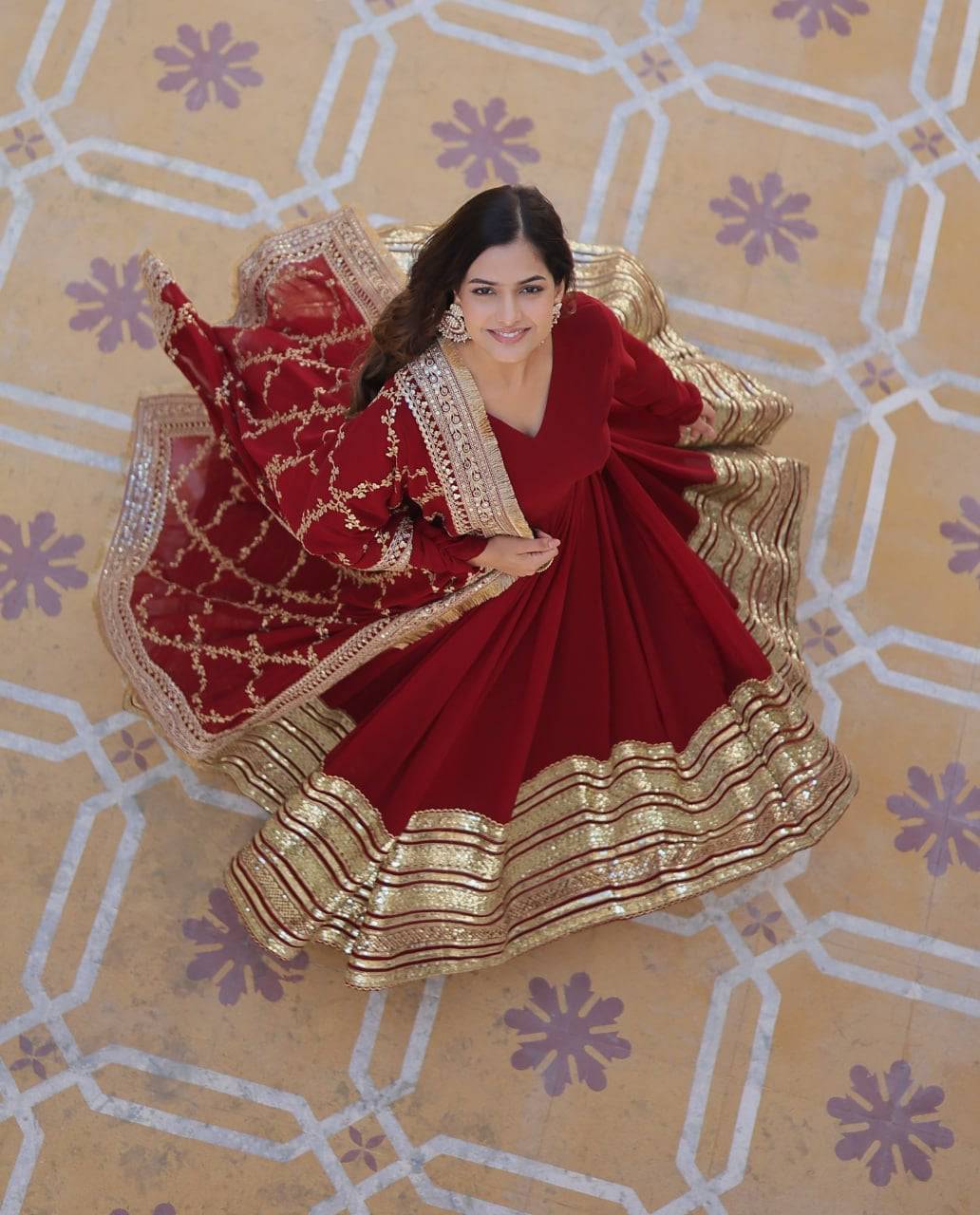 Majestic Maroon Faux Georgette Sequins Embroidered Designer Gown - Ethnicwish