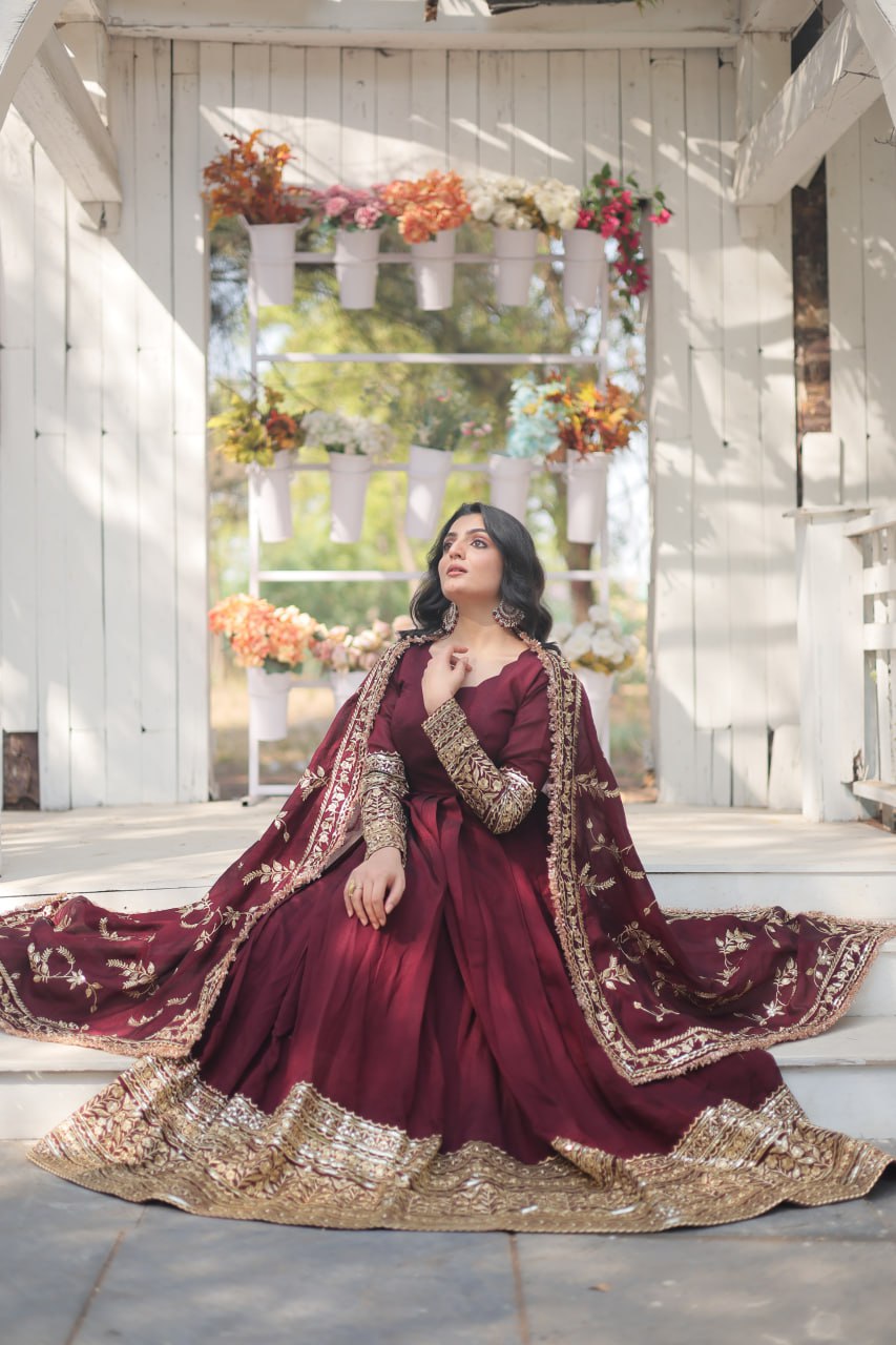 Radiant Rich Sequins Embroidered Designer Gown With Dupatta - Ethnicwish