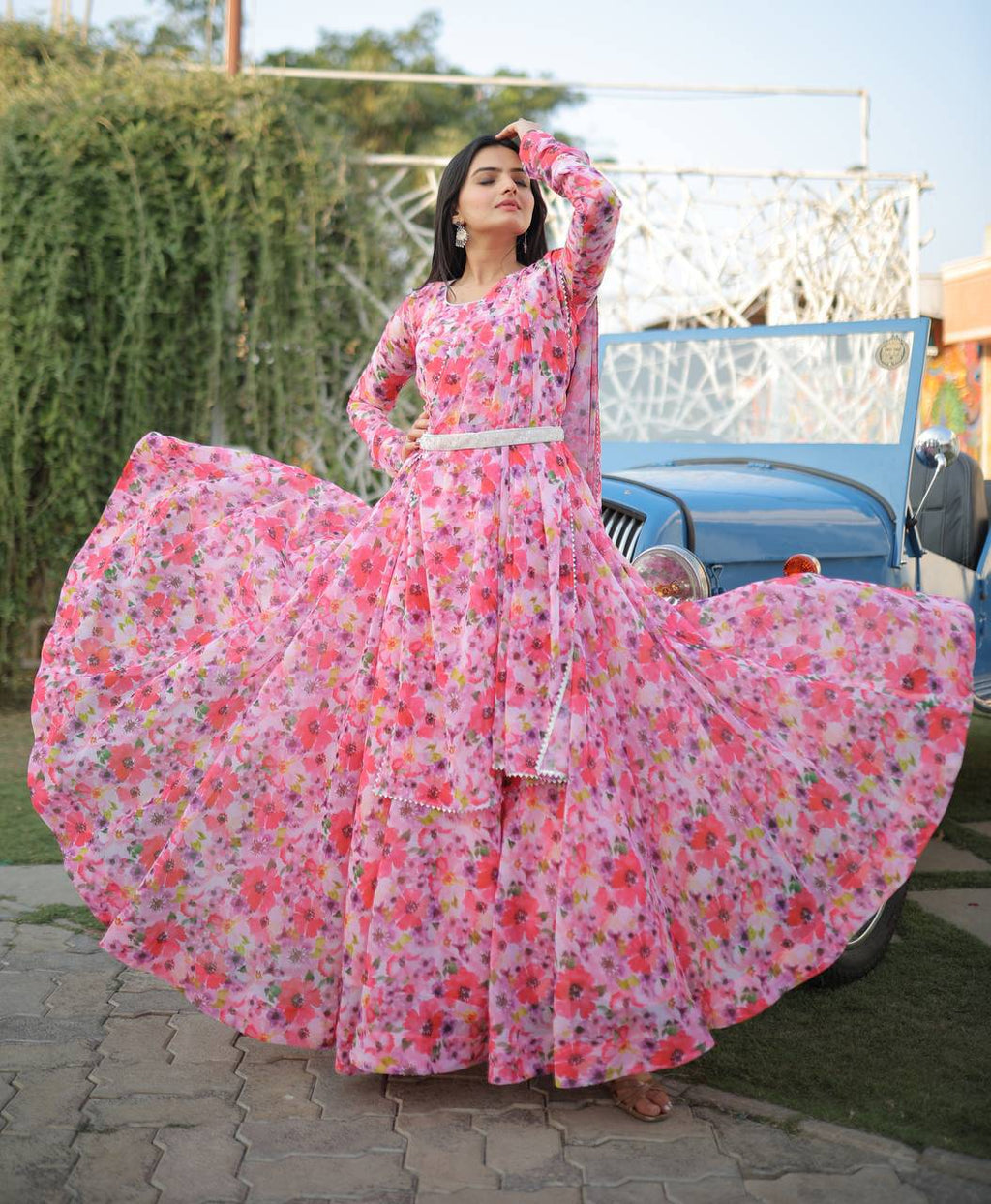 Romantic Pink Floral Digital Printed Fully Stitched Gown - Ethnicwish