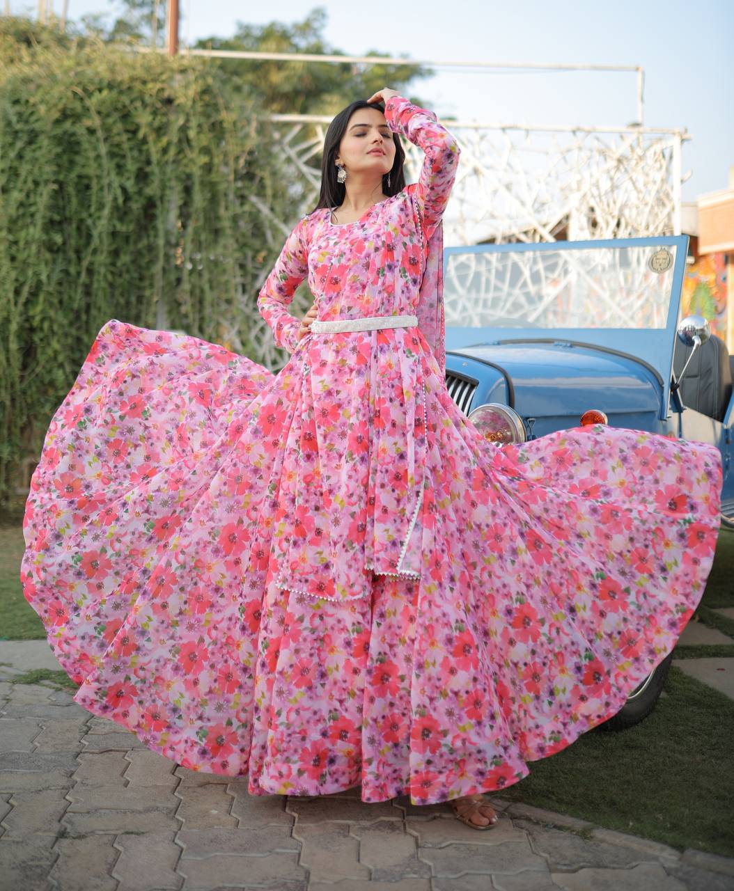 Romantic Pink Floral Digital Printed Fully Stitched Gown - Ethnicwish