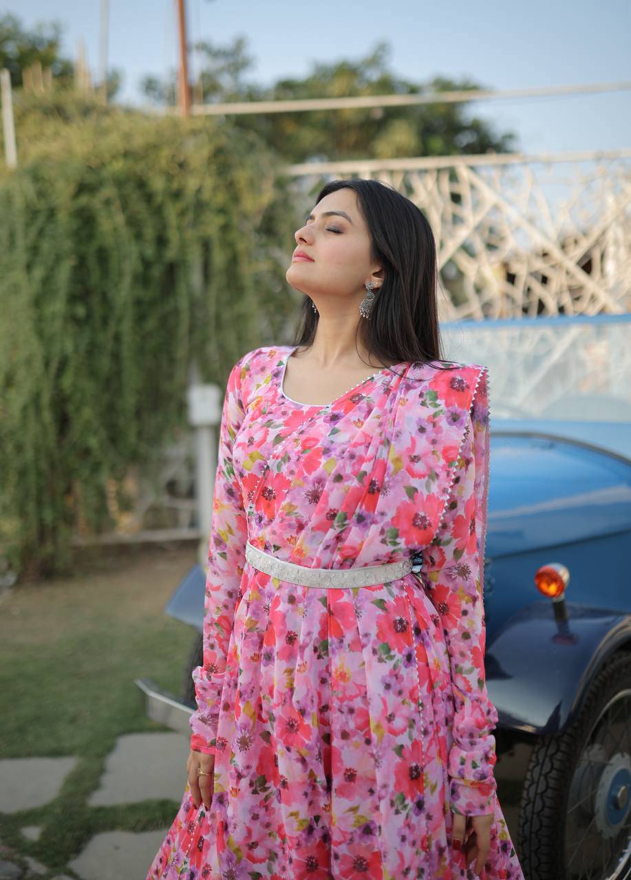 Romantic Pink Floral Digital Printed Fully Stitched Gown - Ethnicwish