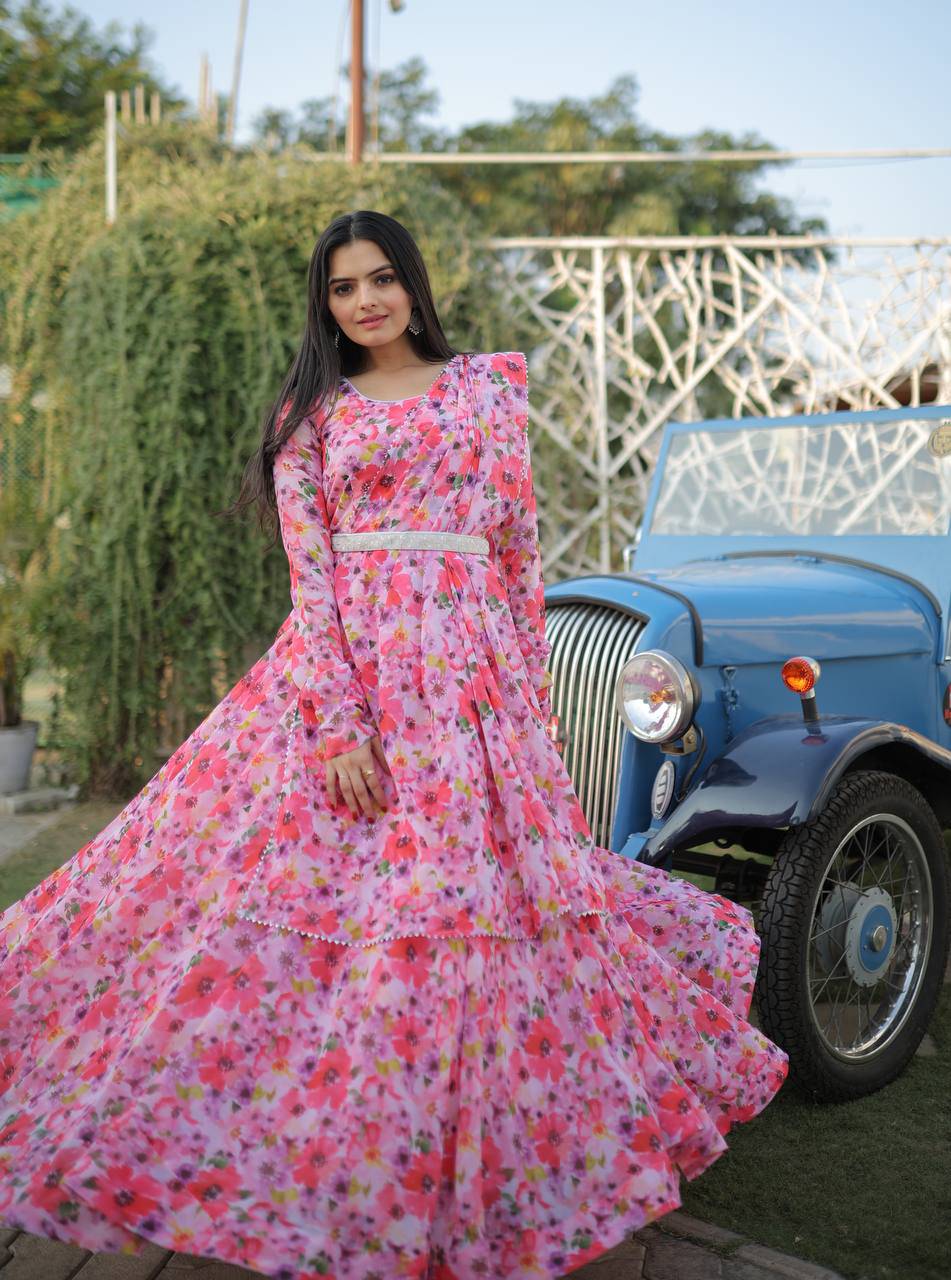 Romantic Pink Floral Digital Printed Fully Stitched Gown - Ethnicwish