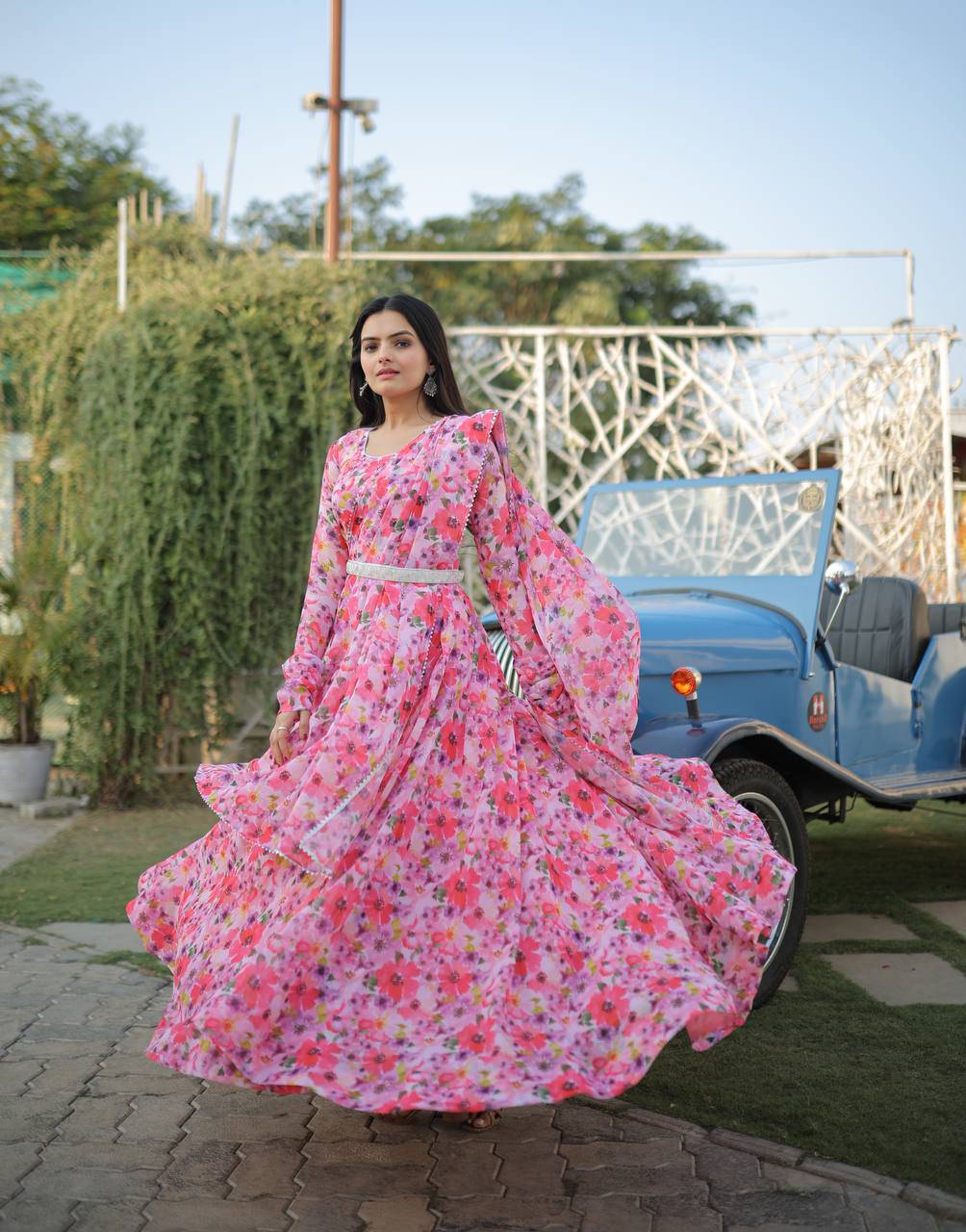 Romantic Pink Floral Digital Printed Fully Stitched Gown - Ethnicwish