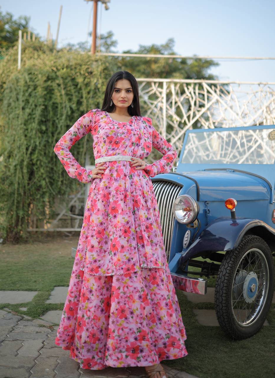 Romantic Pink Floral Digital Printed Fully Stitched Gown - Ethnicwish