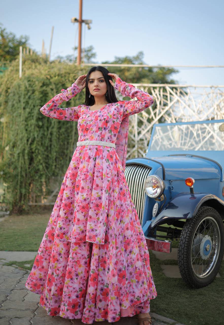 Romantic Pink Floral Digital Printed Fully Stitched Gown - Ethnicwish