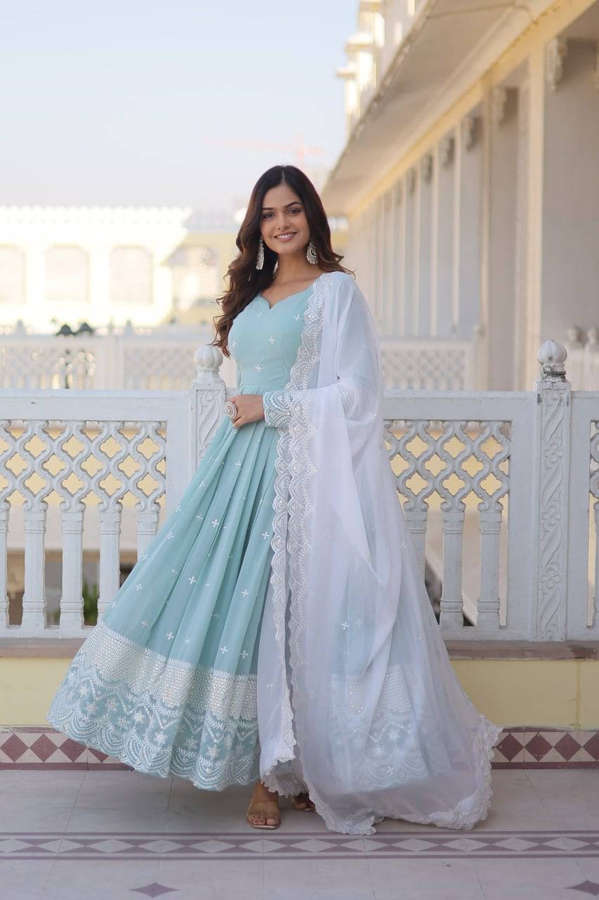 Spellbinding Sky Blue Faux Georgette Thread Sequins Worked Gown - Ethnicwish