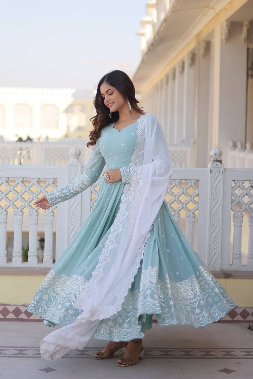 Spellbinding Sky Blue Faux Georgette Thread Sequins Worked Gown - Ethnicwish