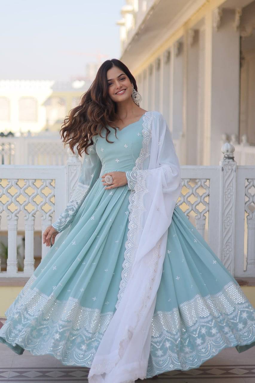 Spellbinding Sky Blue Faux Georgette Thread Sequins Worked Gown - Ethnicwish