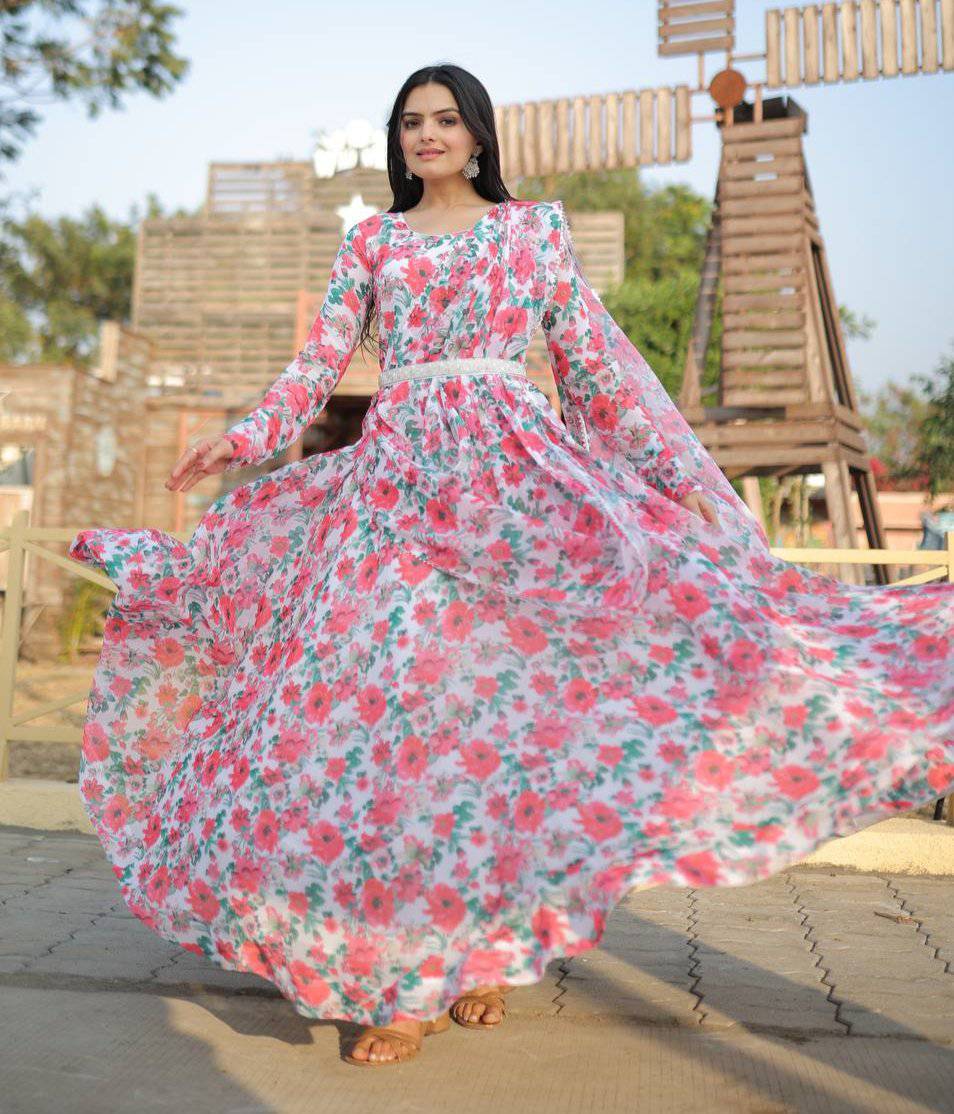 Pink Floral Digital Printed Faux Georgette Gown With Dupatta - Ethnicwish